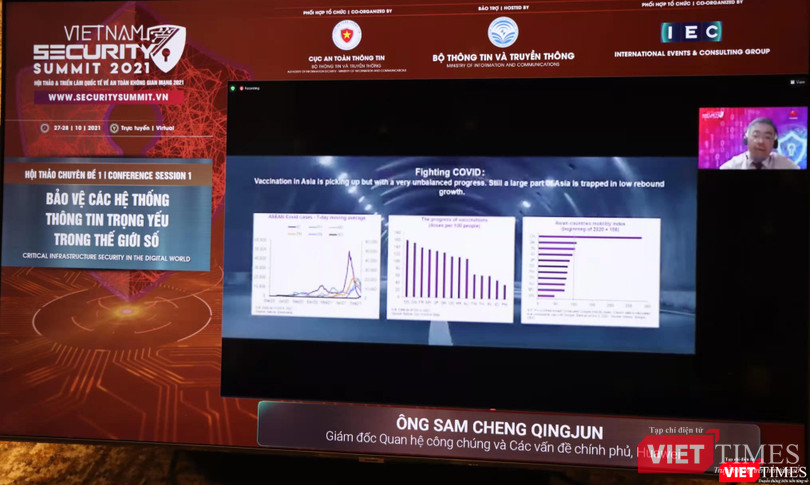 Ông Sam Cheng Qingjun - Giám đốc quan hệ công chúng và các vấn đề chính phủ của Huawei, kiêm Phó chủ tịch Ủy ban Kinh tế số Trung Quốc, thuộc Hiệp hội thương mại quốc tế Trung Quốc - trao đổi trực tuyến.