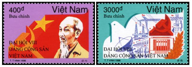 Bộ tem đặc biệt “Chào mừng Đại hội lần thứ VIII Đảng Cộng sản Việt Nam”, phát hành ngày 03/02/1996, gồm 2 mẫu Bộ tem đặc biệt “Chào mừng Đại hội lần thứ VIII Đảng Cộng sản Việt Nam”, phát hành ngày 03/02/1996, gồm 2 mẫu