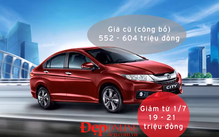 Cùng nằm trong số những mẫu xe cỡ nhỏ có mức giá hấp dẫn sau 1 tháng 7 phải kể đến là Honda City. Theo thông báo chính thức, City MT (giá cũ 552 triệu đồng) và City CVT (giá cũ 604 triệu đồng) có mức giảm lần lượt là 19 và 21 triệu đồng