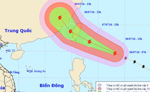 Dự báo đường đi của bão vào chiều 6/7. Ảnh: NCHMF.