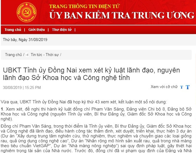 Các nội dung kỷ luật theo kết luận của UBKT Tỉnh ủy Đồng Nai được công bố rộng rãi trên trang thông tin của UBKT Trung ương.