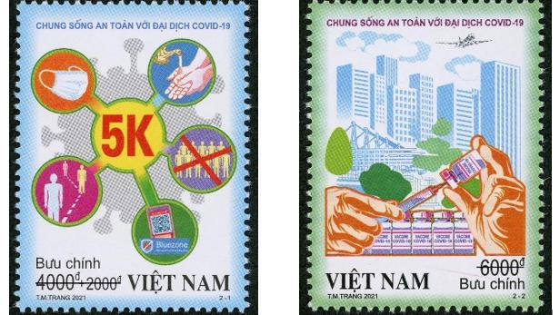 Bộ tem thứ hai về chủ đề COVID-19: “Chung sống an toàn với đại dịch COVID-19”. Ảnh: Anh Lê ghép.