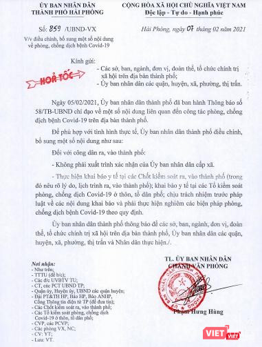 Tại văn bản số 859 phát đi sáng 7/2, Hải Phòng "nói lại" về giấy phép đi lại. Tại văn bản số 859 phát đi sáng 7/2, Hải Phòng "nói lại" về giấy phép đi lại.