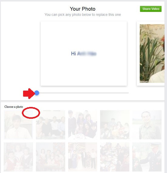 Hướng dẫn làm video tình bạn trên Facebook: Kéo thanh trượt (mũi tên) theo tiến trình video và đến bức ảnh nào chúng ta muốn thay thì chọn trong kho ảnh bên dưới, sẽ có dấu xanh trên bức ảnh được chọn.
