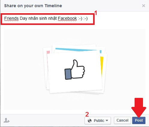 Hướng dẫn làm video tình bạn trên Facebook:Khi chia sẻ chúng ta tất nhiên được viết lời dẫn (số 1) và chọn mức độ riêng tư (số 2)