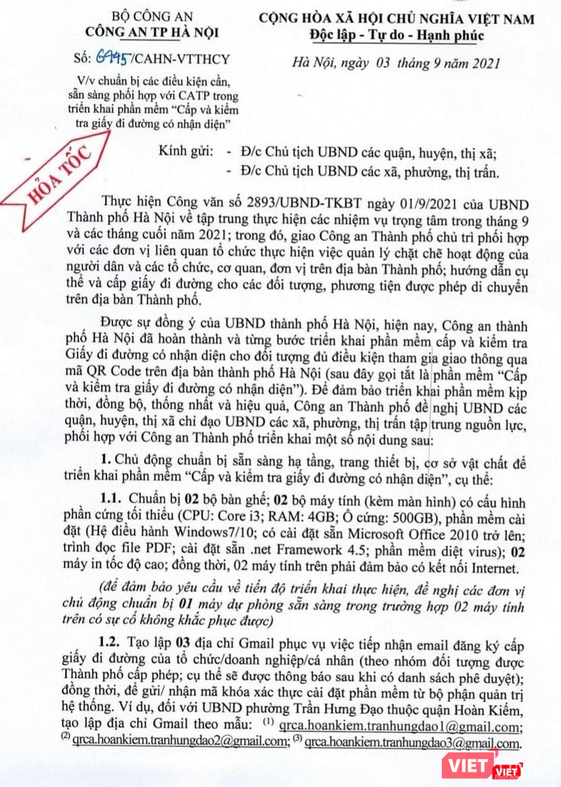 Công văn hoả tốc của Công an TP. Hà Nội về việc chuẩn bị cấp và kiểm tra giấy đường có QR code Công văn hoả tốc của Công an TP. Hà Nội về việc chuẩn bị cấp và kiểm tra giấy đường có QR code