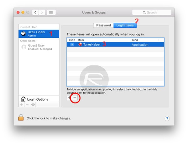Hướng dẫn tắt iTunes tự chạy khi nối iPhone với máy tính: Lựa chọn tài khoản cá nhân trên máy (1), vào mục Login Items (2), bấm chọn iTunesHelper (3) rồi bấm dấu trừ.