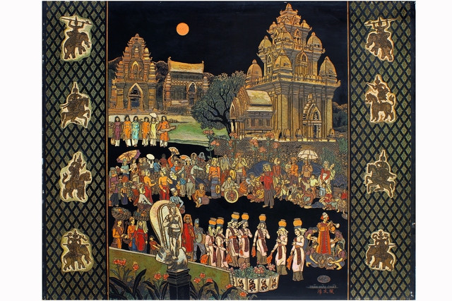 Tác phẩm Dưới Tháp Chàm của tác giả Trần Hữu Chất, thể loại Sơn khắc, sáng tác năm 1987