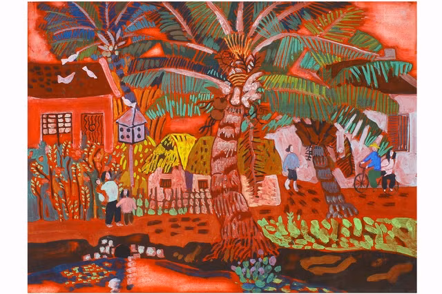 Tác phẩm Dừa Kiến An của tác giả Phạm Viết Hồng Lam, thể loại Bột màu, sáng tác năm 1985 Tác phẩm Dừa Kiến An của tác giả Phạm Viết Hồng Lam, thể loại Bột màu, sáng tác năm 1985