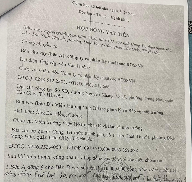 Hợp đồng vay tiền của Chủ tịch Hội đồng quản lý, Viện trưởng Viện HTPL&BVMT. Hợp đồng vay tiền của Chủ tịch Hội đồng quản lý, Viện trưởng Viện HTPL&BVMT.