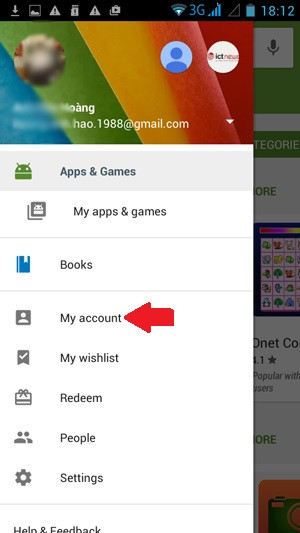 Hướng dẫn dùng tài khoản Viettel mua ứng dụng Google Play: Vào mục "My account".