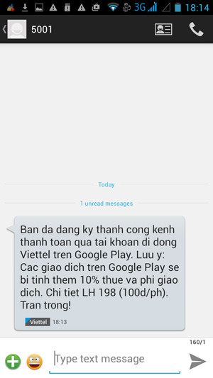 Hướng dẫn dùng tài khoản Viettel mua ứng dụng Google Play: Sẽ diễn ra việc xác thực số điện thoại dùng để thanh toán thực hiện qua SMS ngầm (miễn phí), và khi hoàn tất sẽ có tin nhắn gửi đến số điện thoại Viettel của bạn.