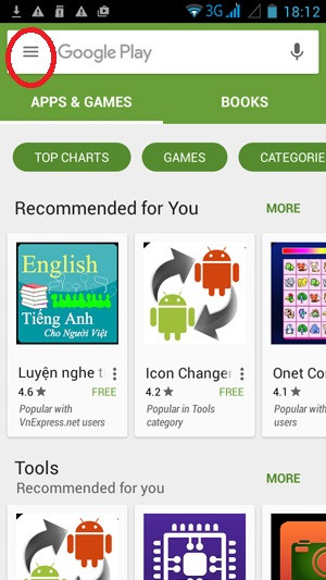 Hướng dẫn dùng tài khoản Viettel mua ứng dụng Google Play: Mở Google Play và bấm biểu tượng danh mục.