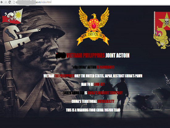 Giao diện của một website bị nhóm 1937cn tấn công cuối tháng 5/2015 với thông điệp liên quan đến xung đột trên Biển Đông giữa Trung Quốc và các nước ASEAN như Việt Nam, Philippines... (Nguổn ảnh: Whitehat.vn) 