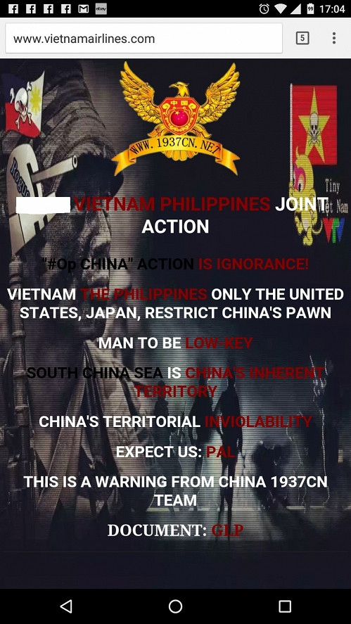 Hình ảnh website Hãng hàng không Việt Nam bị tấn công khi truy cập từ thiết bị di động