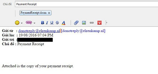Email phát tán có đính kèm mã độc (Nguồn ảnh: WhiteHat.vn)