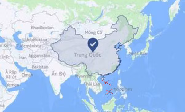 Ảnh chụp màn hình bản đồ của Facebook xác định cả Hoàng Sa, Trường Sa khi chọn vị trí "Trung Quốc".