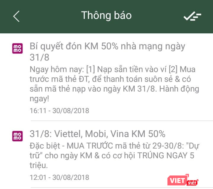 Nhiều kênh thanh toán trung gian liên tục gửi thông tin tới người dùng, nhắc nhớ việc 3 nhà mạng lớn đồng loạt áp dụng khuyến mại trong ngày 31/8. Ảnh: Tin nhắn trong ứng dụng của Ví điện tử MoMo.
