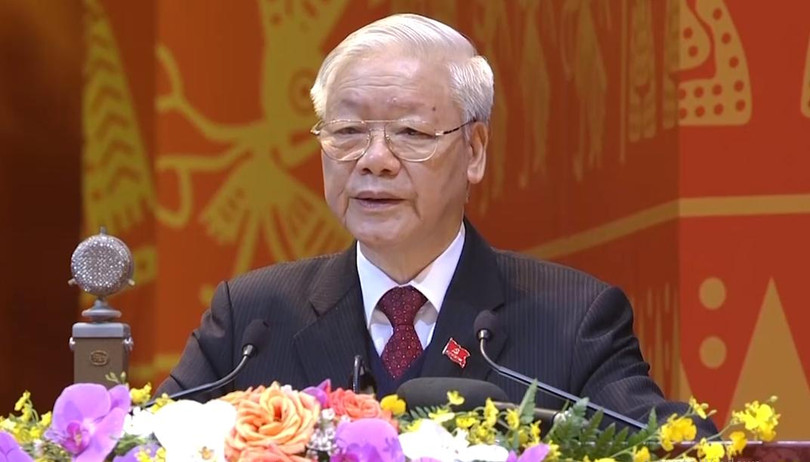 Tổng Bí thư, Chủ tịch nước Nguyễn Phú Trọng trình bày báo cáo chính trị trình Đại hội đại biểu toàn quốc lần thứ XIII của Đảng sáng 26/1.