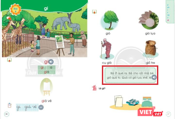 Chủ đề Đi sở thú được triển khai bằng nhiều ngữ liệu hầu như không liên quan. Ảnh chụp từ bản điện tử.