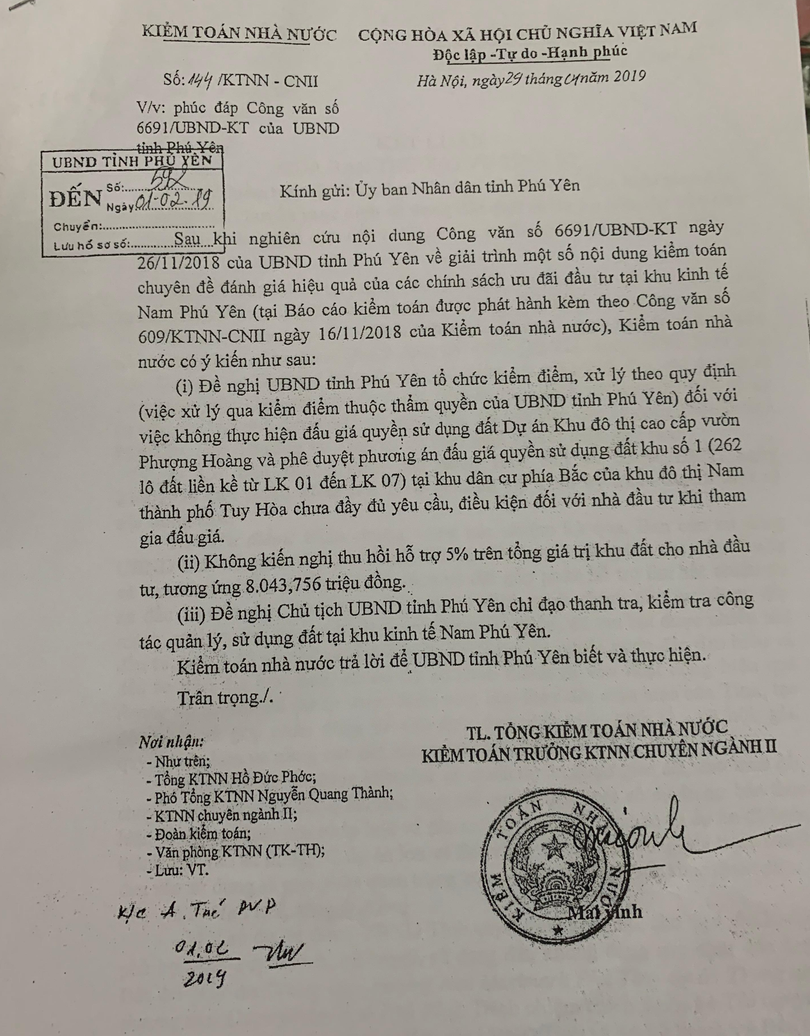 Văn bản cơ quan Kiểm toán số 490/KTNN- CNII trả lời Cơ quan CSĐT Công an tỉnh Phú Yên.