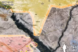 Bản đồ khu vực chiến sự vùng Deir Ezzor - lực lượng dân quân người Kurd tiến công vào ngoại ô thành phố sau chiến thắng của quân đội Syria