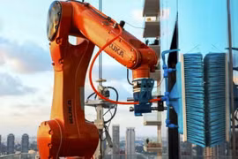 Robot OZMO lau cửa kính tòa nhà cao tầng. Ảnh Skyline Robotics