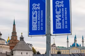 Logo của hội nghị thượng đỉnh BRICS thường niên ở Kazan, Nga ngày 22/10/2024. Ảnh: Reuters.
