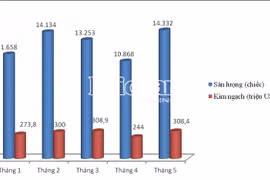 Kết quả nhập khẩu ô tô theo tháng trong 5 tháng đầu năm. Biểu đồ: T.Bình.