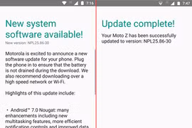 Ảnh chụp giao diện màn hình Moto Z khi thông báo có bản cập nhật Android 7.0 Nougat và sau khi hoàn tất việc cài đặt.