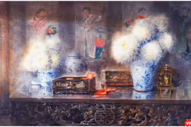 Tác phẩm "Như một hoài niệm" (màu nước trên giấy, 110cm x 180cm, 2021) của họa sĩ Đoàn Quốc