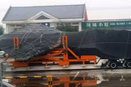 Ảnh máy bay được cho là chiếc J-31 thứ hai bị sự cố và được trùm bạt kín trên xe tải, chụp ngày 3.7.2016 - Weibo