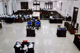 Quang cảnh phiên xét xử sơ thẩm đối với cựu Giám đốc CDC Đà Nẵng cùng các thuộc cấp về tội "tham ô tài sản" (ảnh chụp từ màn hình camera)