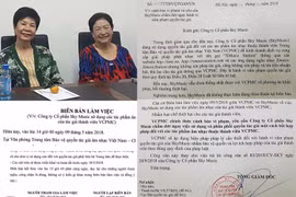 Bà Ngô Mai Hà (trái) đại diện cho 2 gia đình nhạc sĩ Ngô Thụy Miên và Phạm Trọng Cầu. Bà Kha Thị Đàng (phải) đại diện gia đình nhạc sĩ Châu Kỳ tại cuộc họp với VCPMC. 