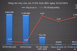 Tổng tài sản có của toàn hệ thống các tổ chức tín dụng tính đến cuối tháng 1/2015 giảm hơn 2% so với đầu năm.