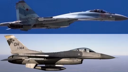 Máy bay chiến đấu Su-35 (trên) và F-16. Ảnh: MW.