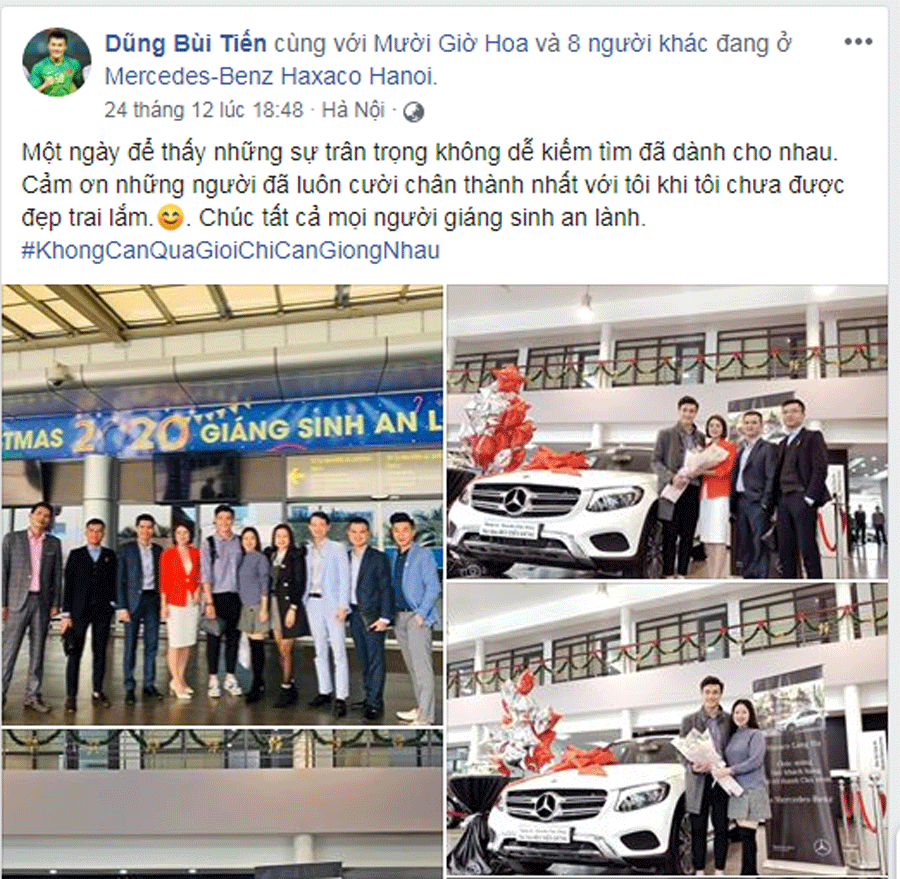 Thủ môn Bùi Tiến Dũng chia sẻ về chiếc Mercedes-Benz GLC được tặng trên trang cá nhân (Ảnh: FBNV)