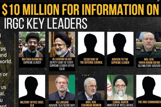 Bộ Ngoại giao Mỹ thông báo treo thưởng 10 triệu USD để bắt giữ 6 quan chức và 4 chỉ huy Lực lượng Vệ binh cách mạng Hồi giáo Iran. Ảnh: Dongfang.