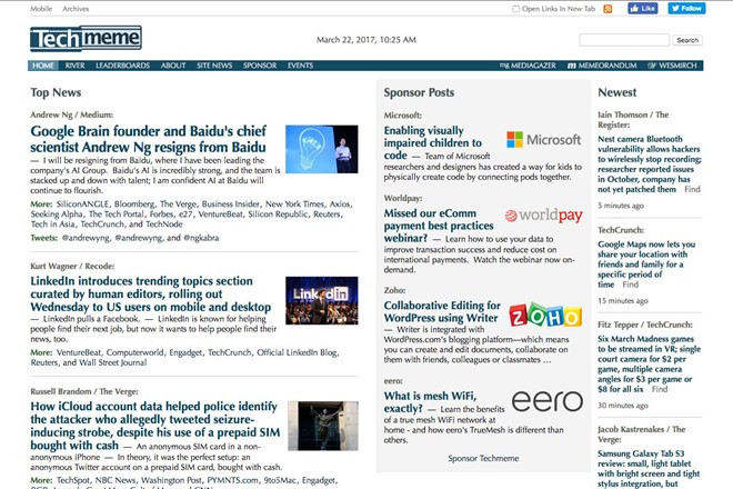 Các tựa đề tin tức trên trang Techmeme. Ảnh: BuzzFeed