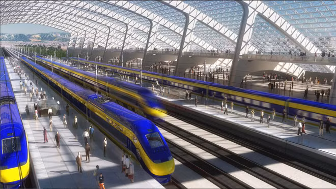 Đường sắt cao tốc California - Chi phí: 70 tỷ USD Hệ thống đường sắt cao tốc này trải dài 1.300 km, nối liền San Francisco và Los Angeles. Hệ thống này có 24 nhà ga, sử dụng tàu điện cao tốc, thực hiện các hành trình dưới 3 giờ với tốc độ 320 km/h. Dự án khởi công vào năm 2015 và dự kiến hoàn thành vào 2030. Ảnh:Legal-planet.org. Đường sắt cao tốc California - Chi phí: 70 tỷ USD Hệ thống đường sắt cao tốc này trải dài 1.300 km, nối liền San Francisco và Los Angeles. Hệ thống này có 24 nhà ga, sử dụng tàu điện cao tốc, thực hiện các hành trình dưới 3 giờ với tốc độ 320 km/h. Dự án khởi công vào năm 2015 và dự kiến hoàn thành vào 2030. Ảnh:Legal-planet.org.