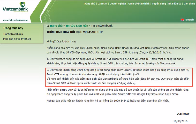 Thông báo trên website của Vietcombank