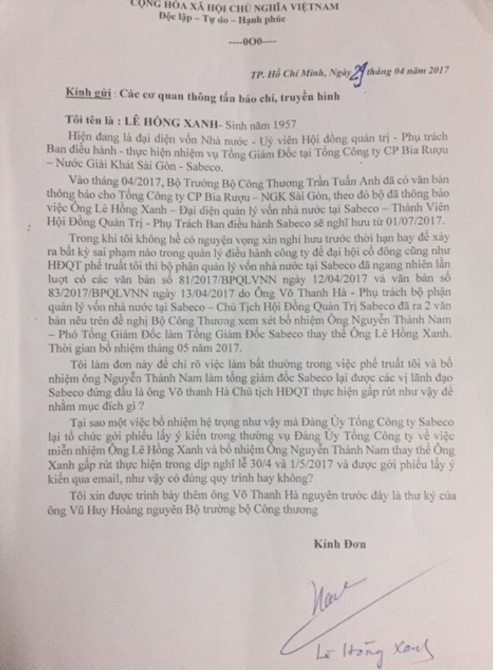 Lá đơn được cho là của ông Lê Hồng Xanh - người được giao Phụ trách Ban điều hành Sabeco trong 8 tháng qua