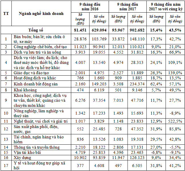 Tình hình doanh nghiệp và vốn đăng ký thành lập mới theo lĩnh vực hoạt động