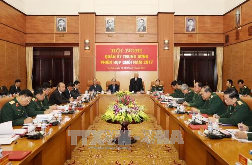 Hội nghị nhằm tổng kết công tác quân sự, quốc phòng năm 2017 và xác định phương hướng, nhiệm vụ năm 2018. Ảnh: TTXVN
