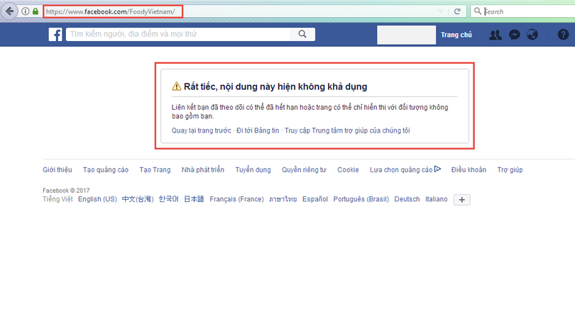 Không thể truy cập được fanpage của foody