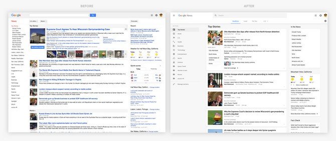 Giao diện Google News cũ (trái) và giao diện mới (phải) 