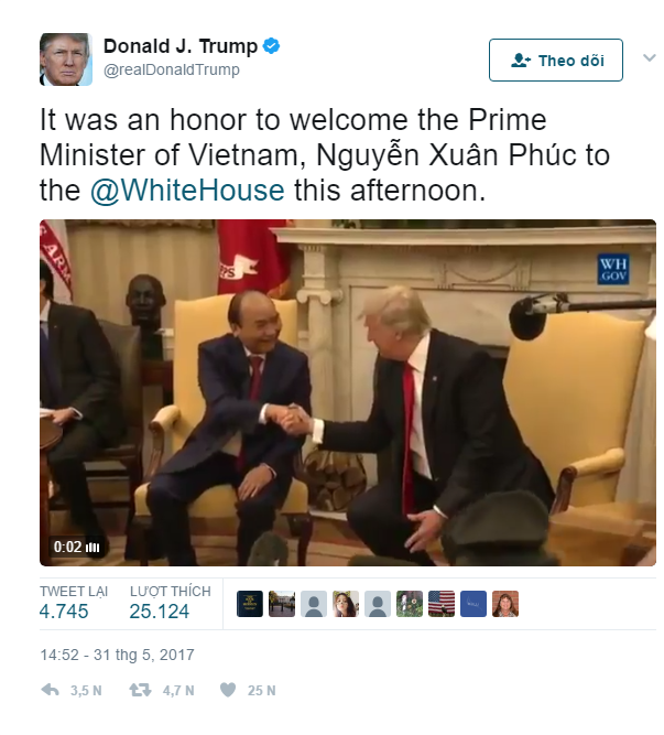 Video đón tiếp Thủ tướng Nguyễn Xuân Phúc được Tổng thống Donal Trump đăng trang trọng trên Twitter cá nhân.