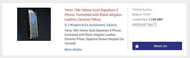 Điện thoại giá gần 20.000 USD của Vertu hiện được bán đấu giá ở mức 1.500 USD. Ảnh:TNW.
