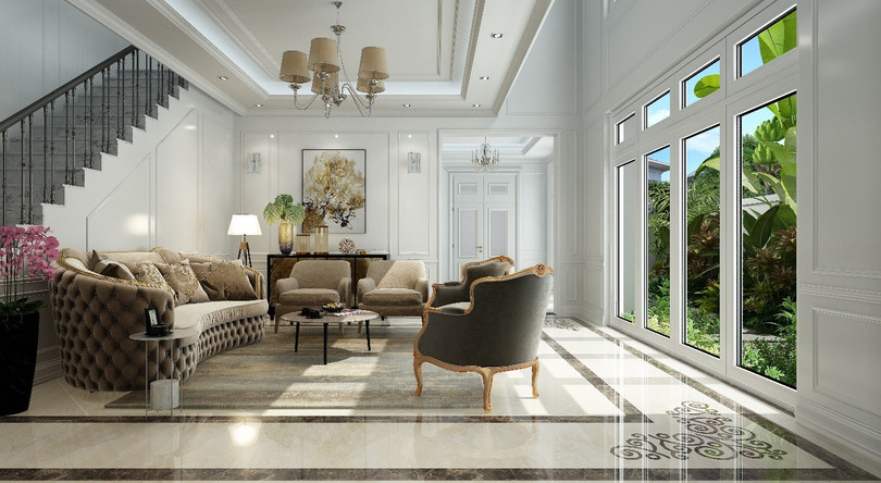 Phòng khách có cửa sổ nhìn ra vườn