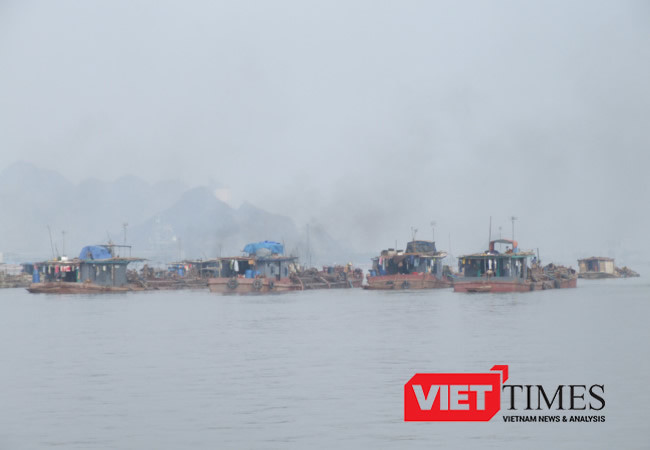 Một cụm tàu khai thác cát tại Hải Phòng. Ảnh Quốc Dũng 